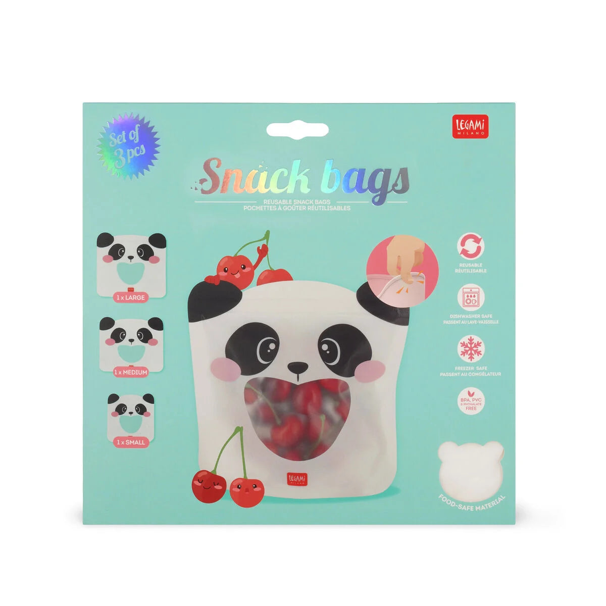 Legami - Set de 3 Pochettes Réutilisables pour Aliments - Panda - Snack Bags