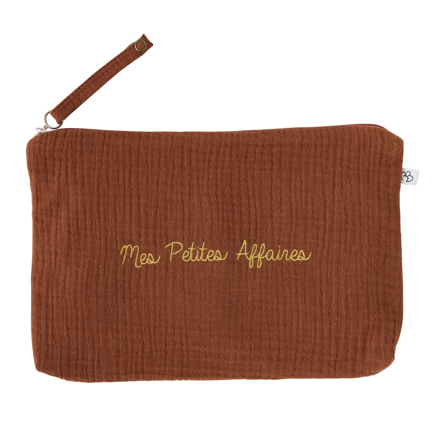 Trousse en gaze de coton brodée “Mes petites affaires” - Toffee - BB&Co