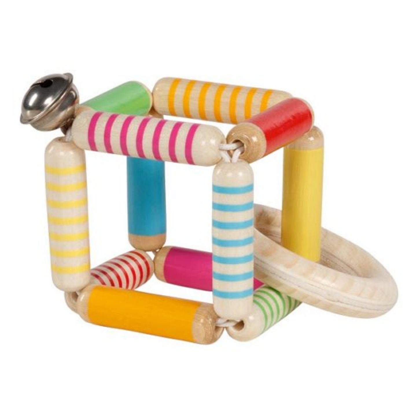 Hochet en bois - Petit cube flexible arc-en-ciel avec grelot - Goki