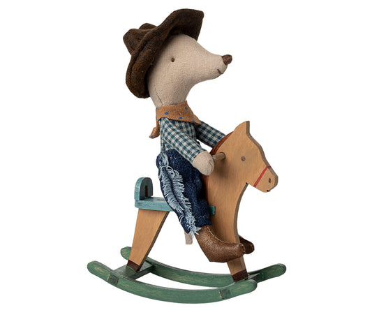 Souris Cow-boy sur son cheval à bascule - Petit frère