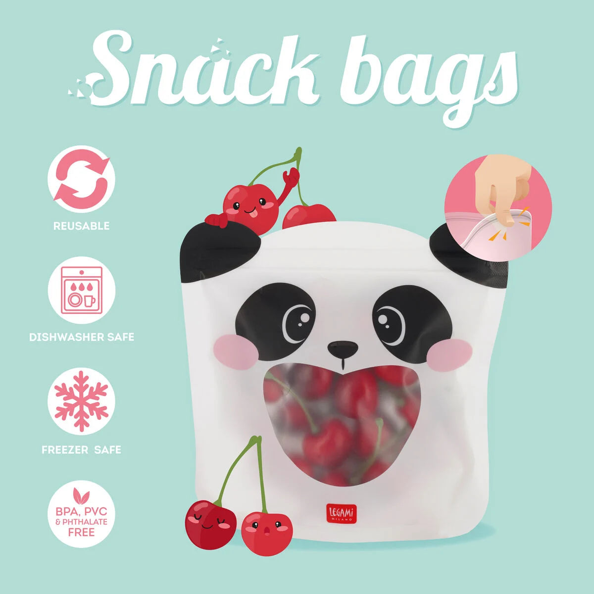 Legami - Set de 3 Pochettes Réutilisables pour Aliments - Panda - Snack Bags
