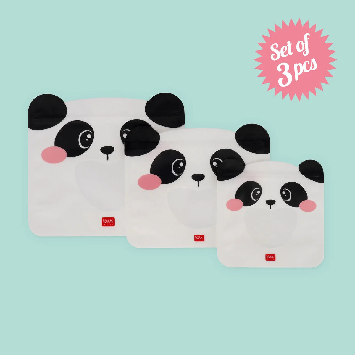 Legami - Set de 3 Pochettes Réutilisables pour Aliments - Panda - Snack Bags