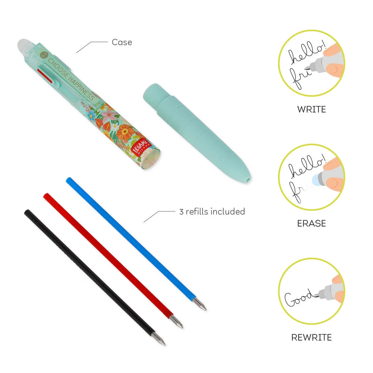 Legami - Stylo à encre gel effaçable 3 couleurs - Fleurs