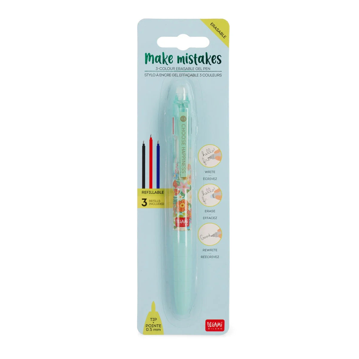 Legami - Stylo à encre gel effaçable 3 couleurs - Fleurs