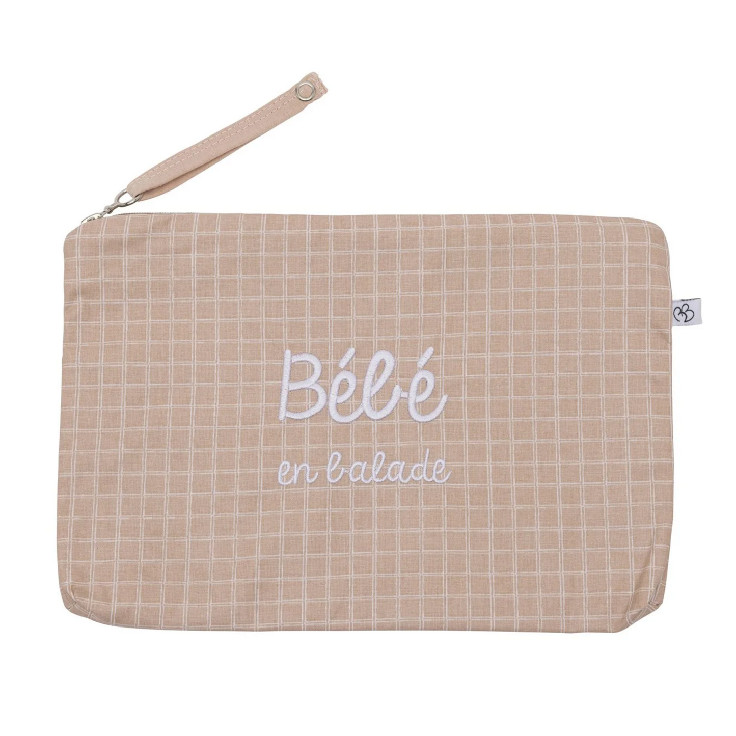 Trousse en coton enduit brodée “Bébé en balade” - Carreaux nude - BB&Co