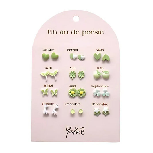 Ensemble de 12 paires de boucles d'oreilles - Un An de Poésie Verte