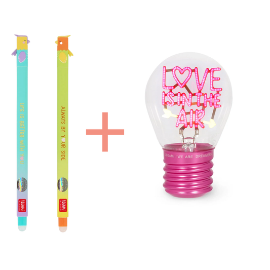 Legami - Set de 2 Stylos à Encre Gel Effaçable Saint-Valentin + Lampe Décorative de Table en Forme d’Ampoule - Love is in the Air