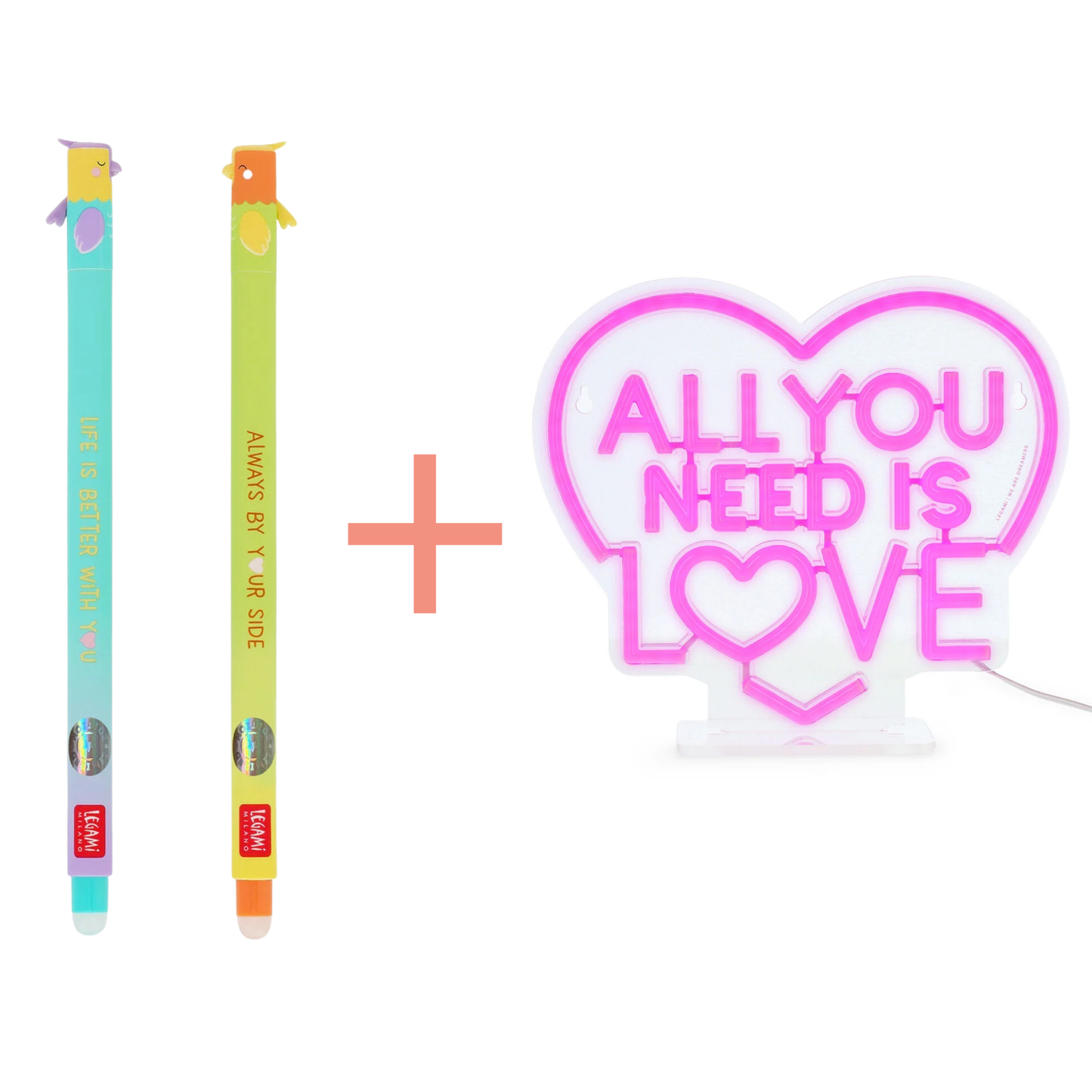 Set de 2 Stylos à Encre Gel Effaçable Saint Valentin + Lampe LED à Effet Néon - All You Need is Love